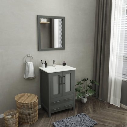 Vanity Art Brescia 24" Single Gray Freestanding Vanity Set With Integrated Ceramic Sink, 1 Shelf, 2 Dovetail Drawers and Mirror