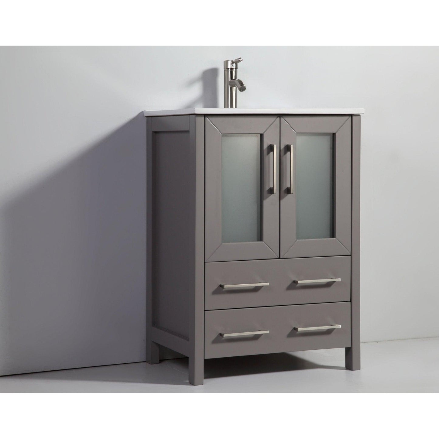 Vanity Art Brescia 24" Single Gray Freestanding Vanity Set With Integrated Ceramic Sink, 1 Shelf, 2 Dovetail Drawers and Mirror