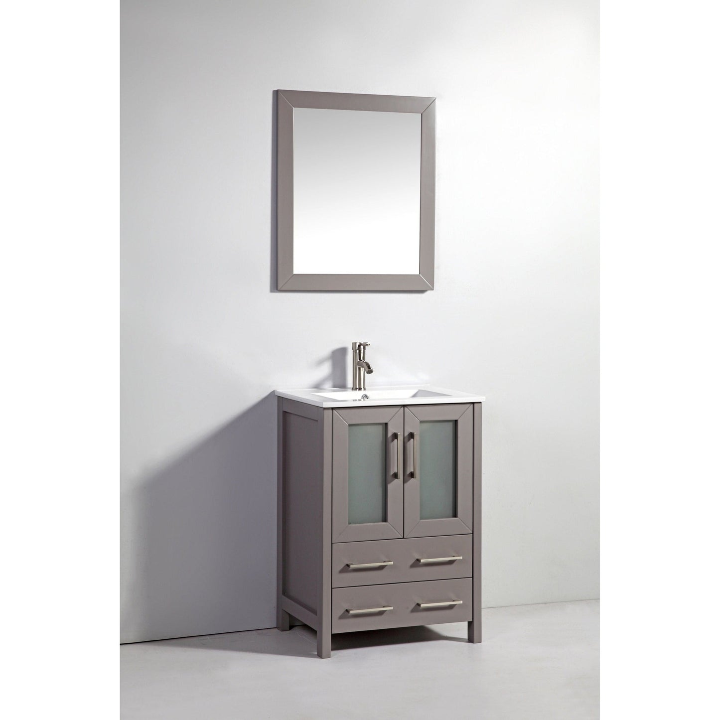 Vanity Art Brescia 24" Single Gray Freestanding Vanity Set With Integrated Ceramic Sink, 1 Shelf, 2 Dovetail Drawers and Mirror