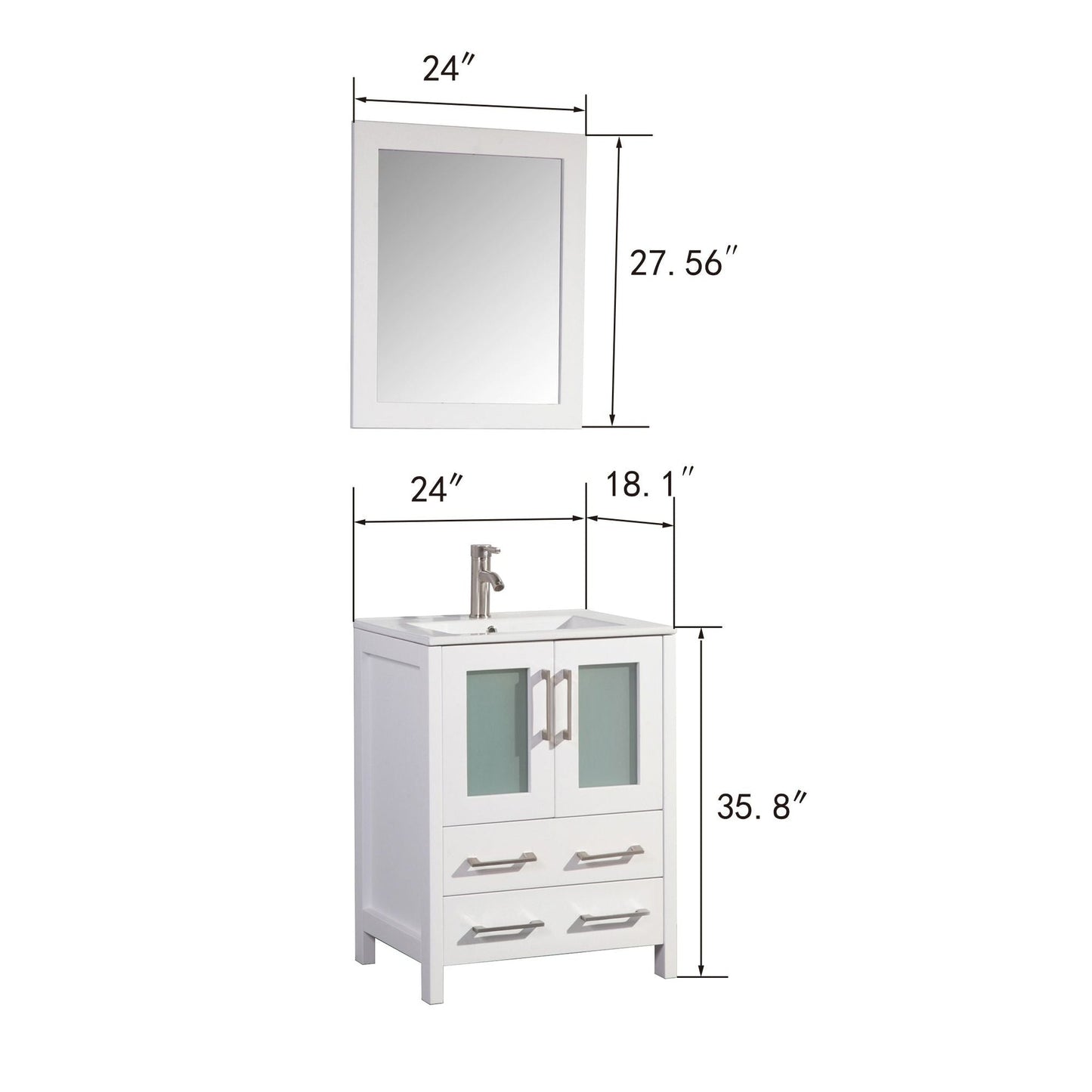 Vanity Art Brescia 24" Single White Freestanding Vanity Set With Integrated Ceramic Sink, 1 Shelf, 2 Dovetail Drawers and Mirror