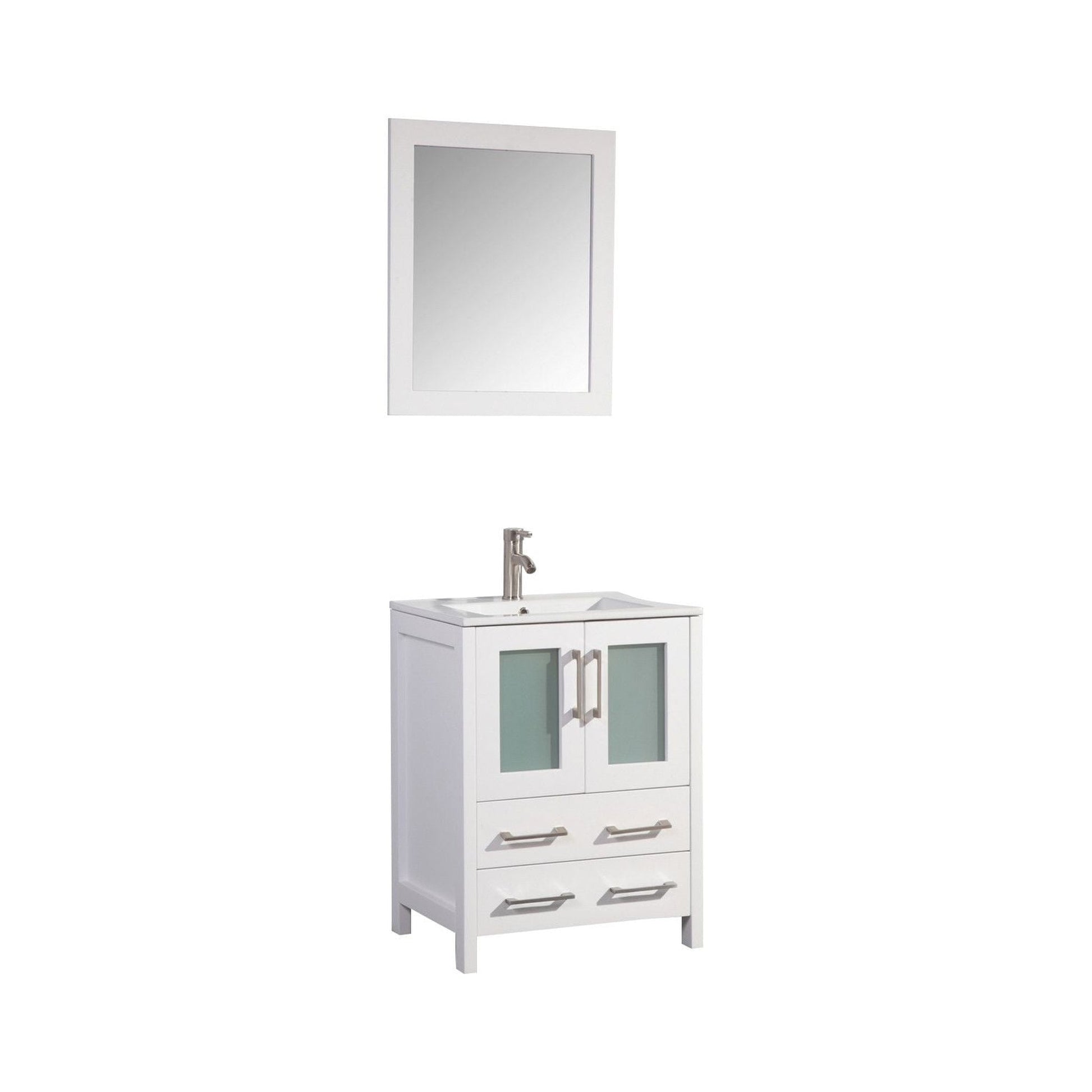 Vanity Art Brescia 24" Single White Freestanding Vanity Set With Integrated Ceramic Sink, 1 Shelf, 2 Dovetail Drawers and Mirror