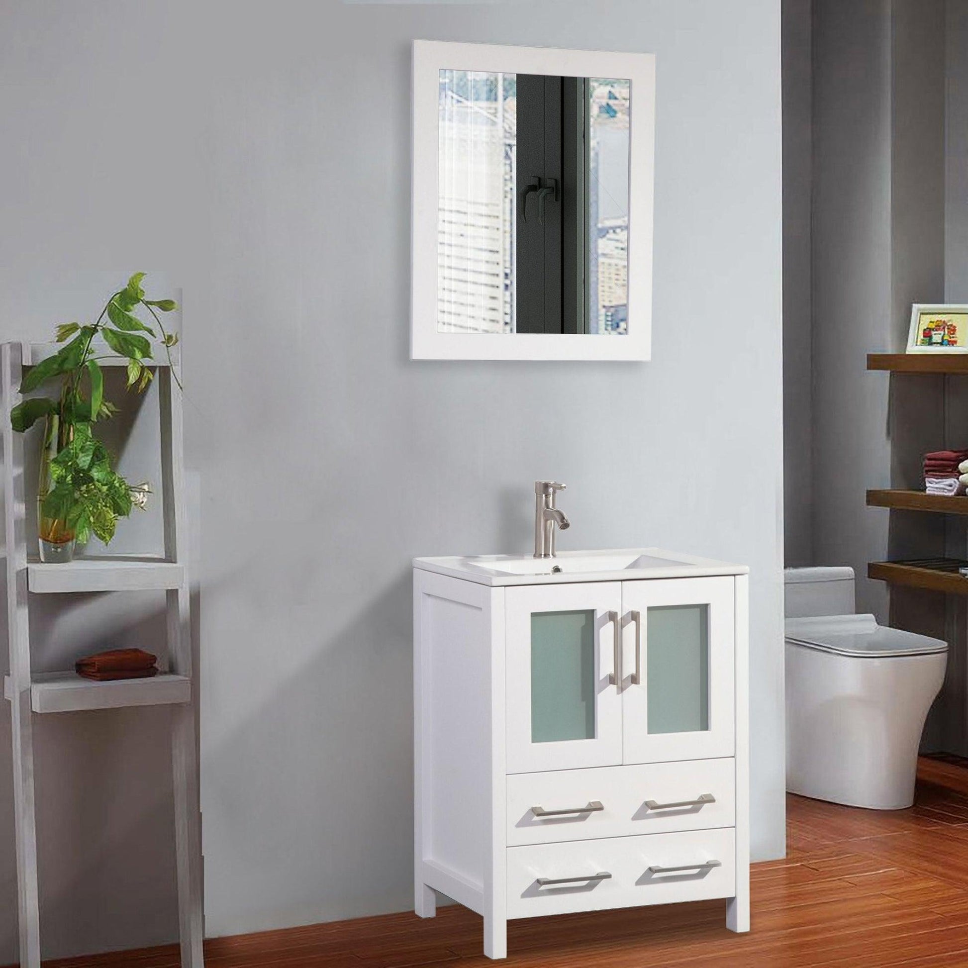 Vanity Art Brescia 24" Single White Freestanding Vanity Set With Integrated Ceramic Sink, 1 Shelf, 2 Dovetail Drawers and Mirror