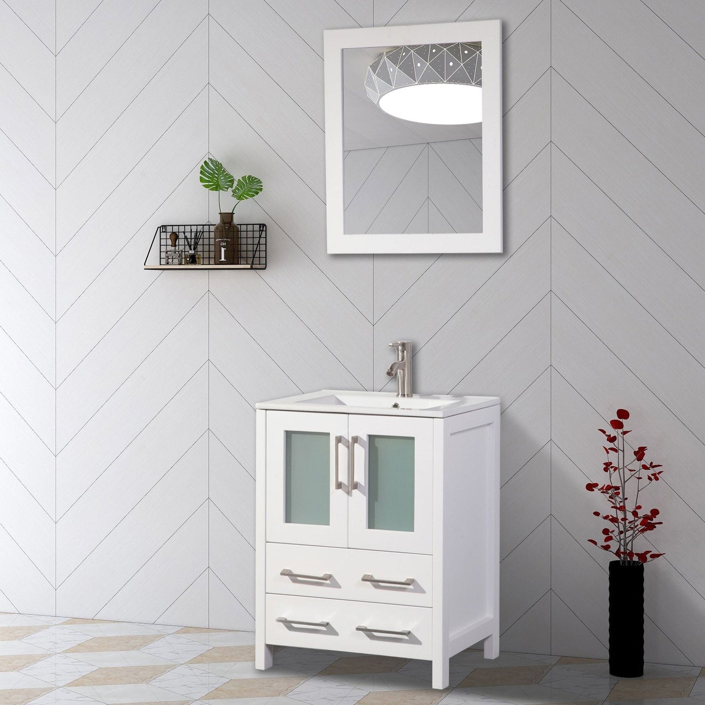 Vanity Art Brescia 24" Single White Freestanding Vanity Set With Integrated Ceramic Sink, 1 Shelf, 2 Dovetail Drawers and Mirror