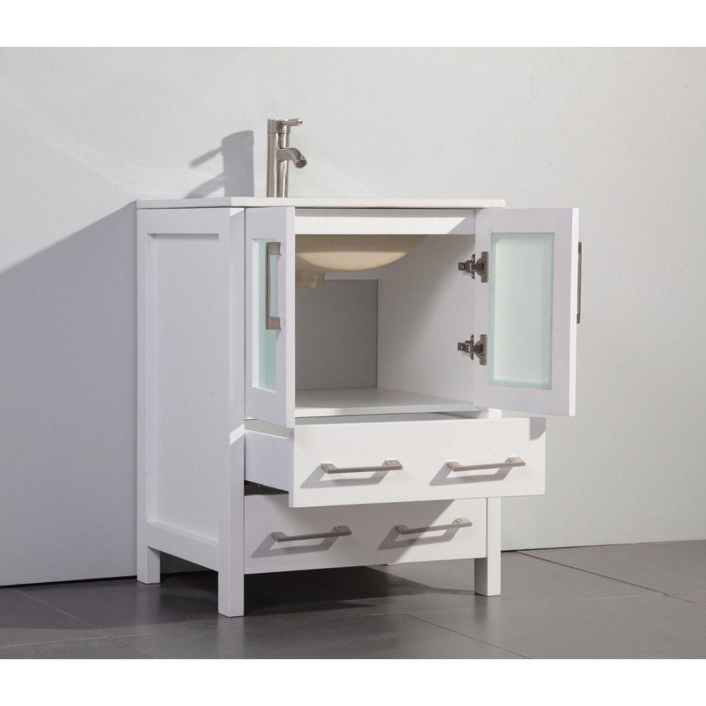 Vanity Art Brescia 24" Single White Freestanding Vanity Set With Integrated Ceramic Sink, 1 Shelf, 2 Dovetail Drawers and Mirror