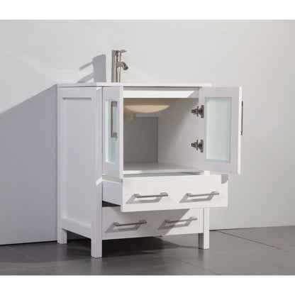Vanity Art Brescia 24" Single White Freestanding Vanity Set With Integrated Ceramic Sink, 1 Shelf, 2 Dovetail Drawers and Mirror