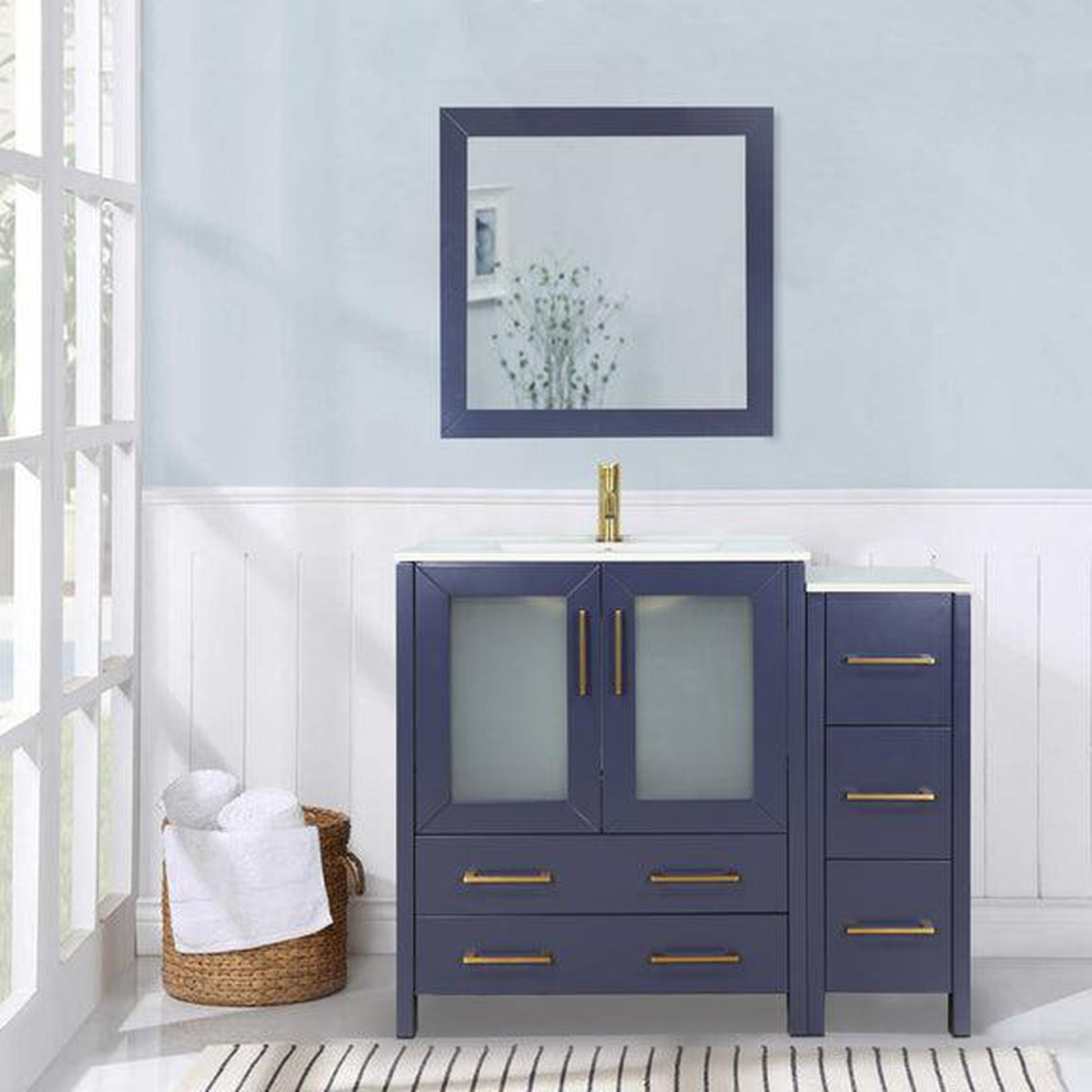 Vanity Art Brescia 36" Single Blue Freestanding Modern Bathroom Vanity Set With Integrated Ceramic Sink, 1 Shelf, 1 Side Cabinet and Mirror