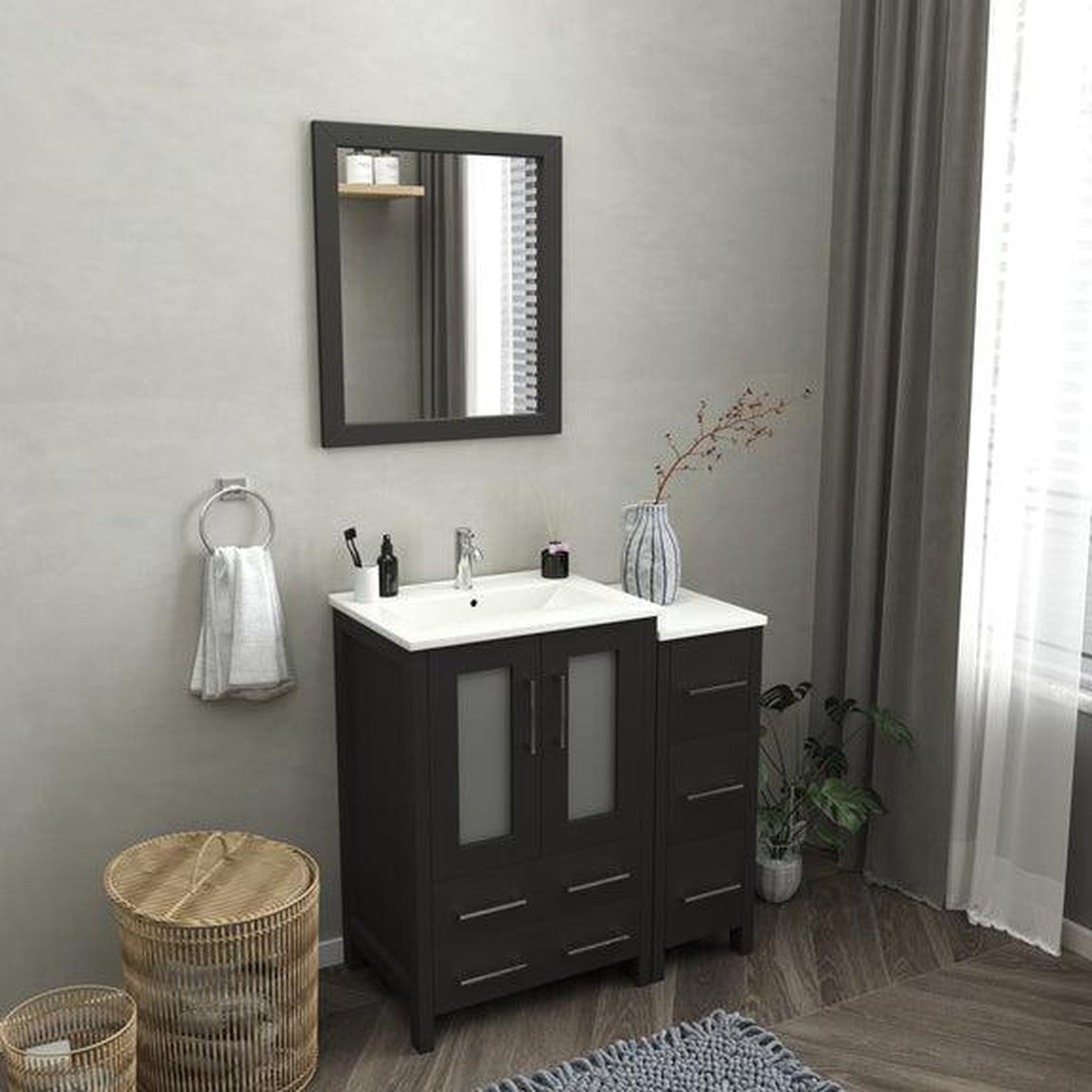 Vanity Art Brescia 36" Single Espresso Freestanding Modern Bathroom Vanity Set With Integrated Ceramic Sink, 1 Shelf, 1 Side Cabinet and Mirror