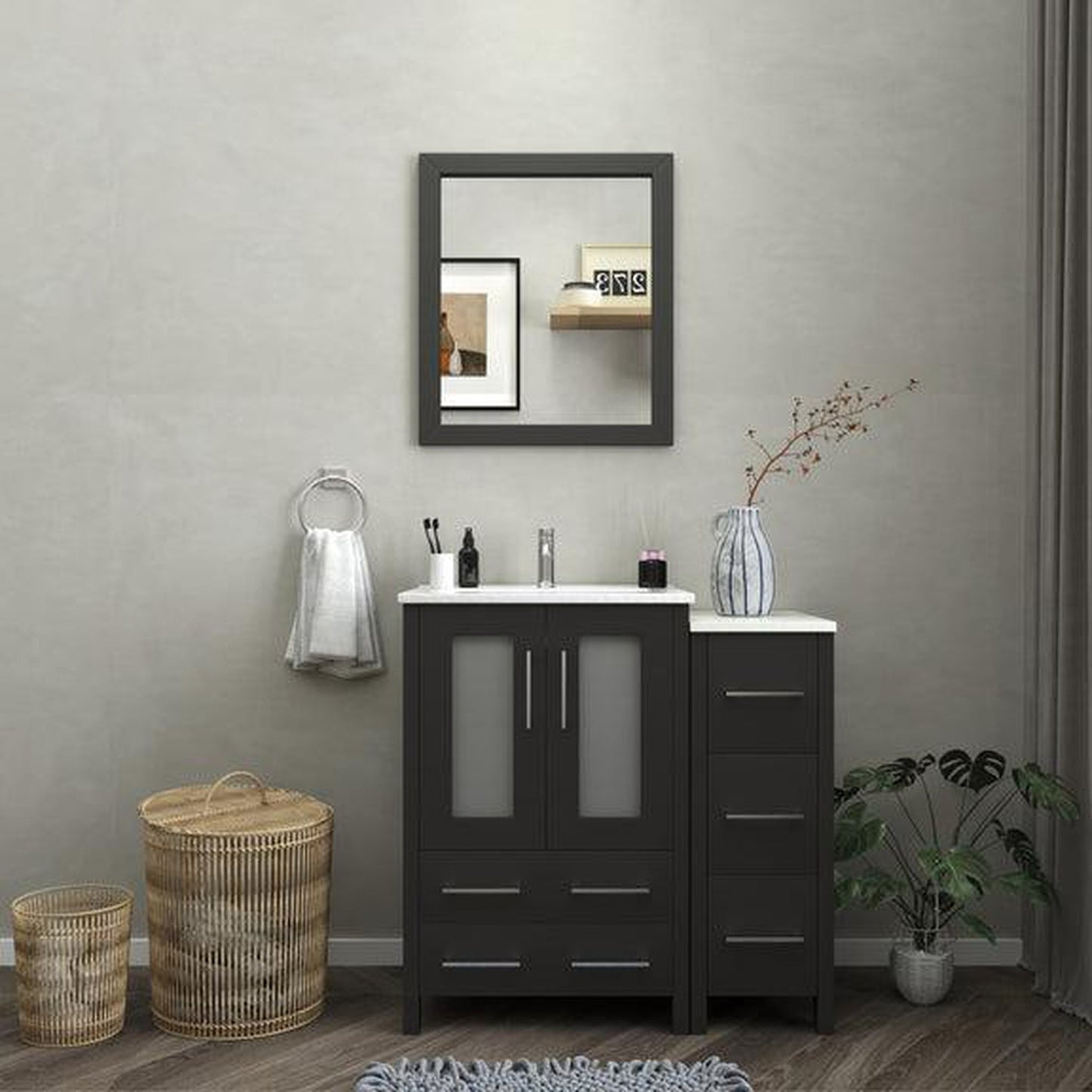 Vanity Art Brescia 36" Single Espresso Freestanding Modern Bathroom Vanity Set With Integrated Ceramic Sink, 1 Shelf, 1 Side Cabinet and Mirror