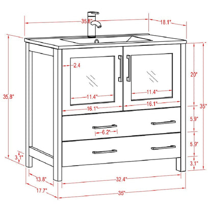 Vanity Art Brescia 36" Single Espresso Freestanding Modern Bathroom Vanity Set With Integrated Ceramic Sink, 1 Shelf, 2 Drawers and Mirror