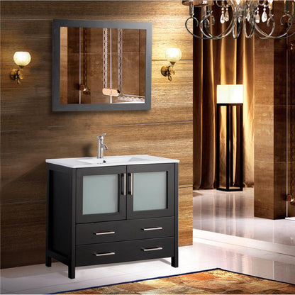 Vanity Art Brescia 36" Single Espresso Freestanding Modern Bathroom Vanity Set With Integrated Ceramic Sink, 1 Shelf, 2 Drawers and Mirror