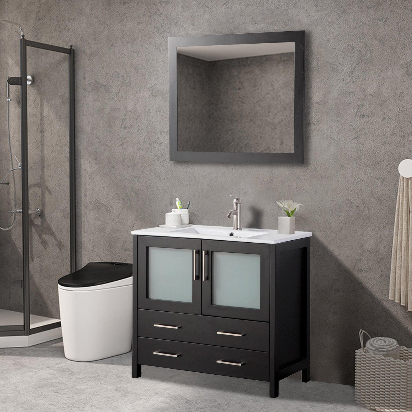 Vanity Art Brescia 36" Single Espresso Freestanding Modern Bathroom Vanity Set With Integrated Ceramic Sink, 1 Shelf, 2 Drawers and Mirror