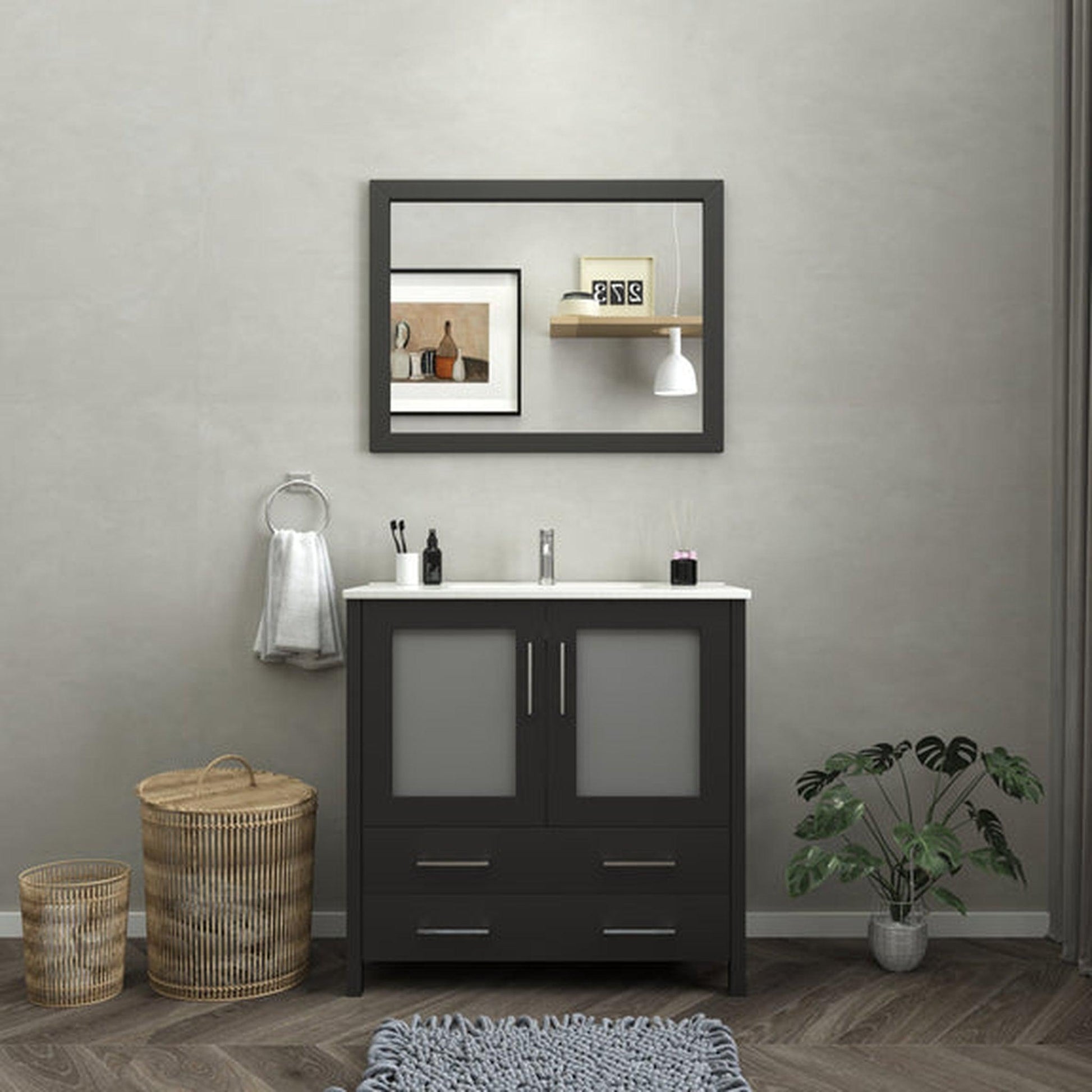 Vanity Art Brescia 36" Single Espresso Freestanding Modern Bathroom Vanity Set With Integrated Ceramic Sink, 1 Shelf, 2 Drawers and Mirror