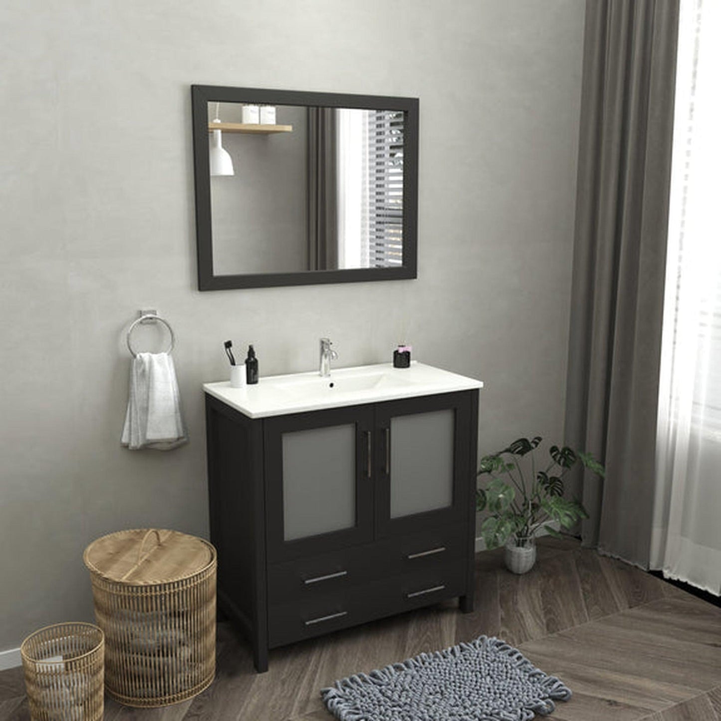 Vanity Art Brescia 36" Single Espresso Freestanding Modern Bathroom Vanity Set With Integrated Ceramic Sink, 1 Shelf, 2 Drawers and Mirror