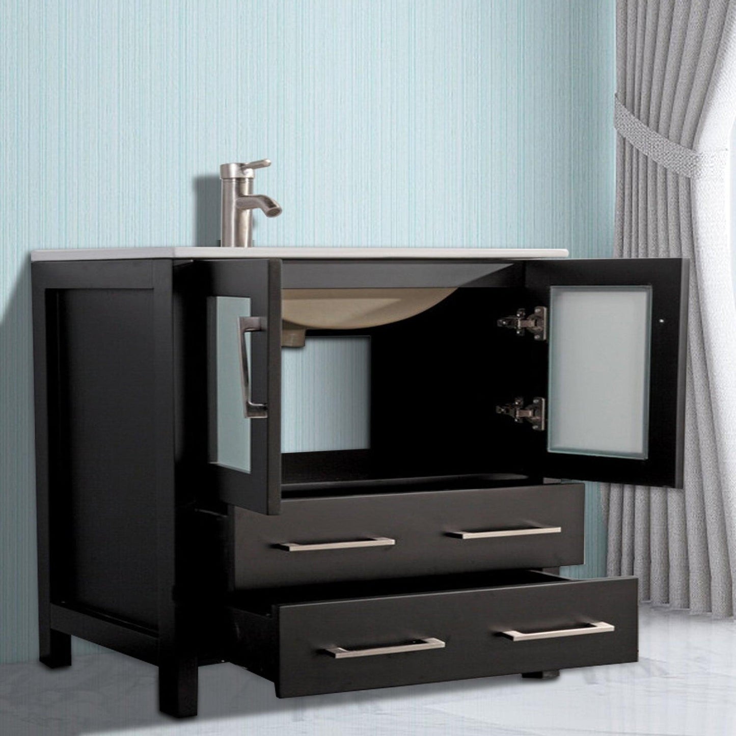 Vanity Art Brescia 36" Single Espresso Freestanding Modern Bathroom Vanity Set With Integrated Ceramic Sink, 1 Shelf, 2 Drawers and Mirror