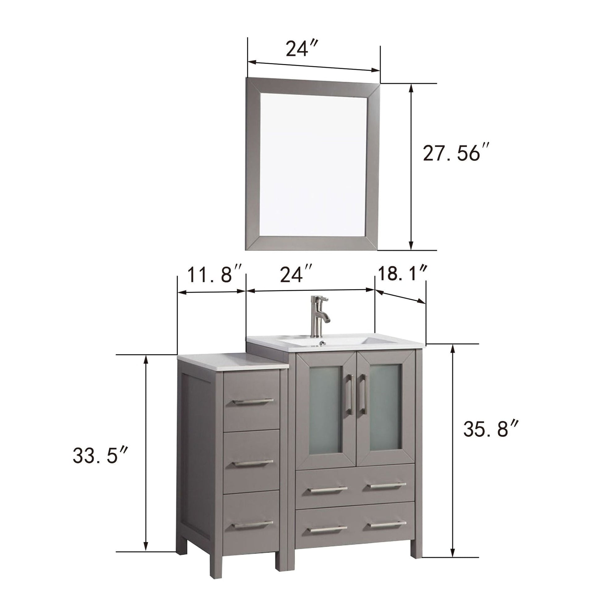 Vanity Art Brescia 36" Single Gray Freestanding Modern Bathroom Vanity Set With Integrated Ceramic Sink, 1 Shelf, 1 Side Cabinet and Mirror