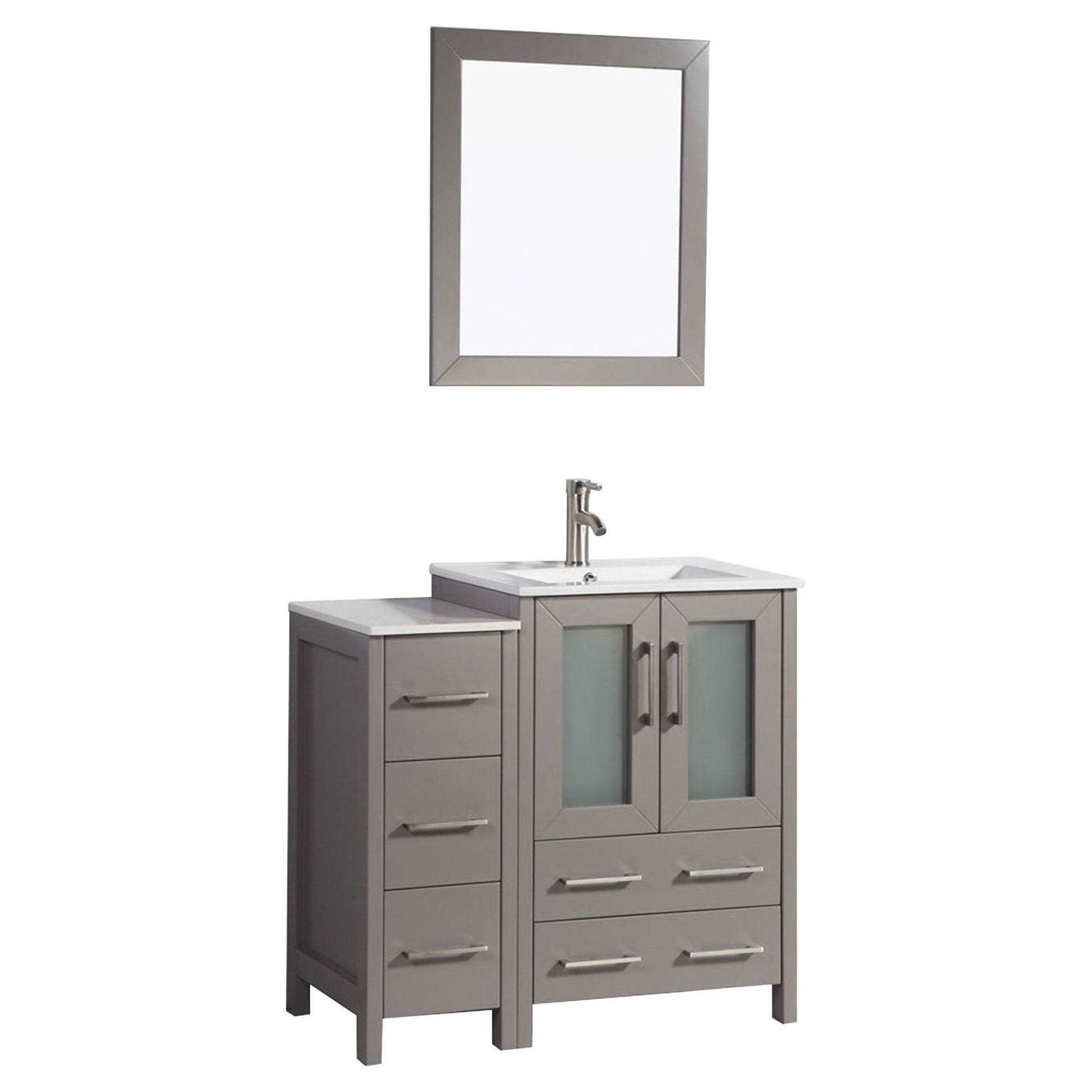 Vanity Art Brescia 36" Single Gray Freestanding Modern Bathroom Vanity Set With Integrated Ceramic Sink, 1 Shelf, 1 Side Cabinet and Mirror