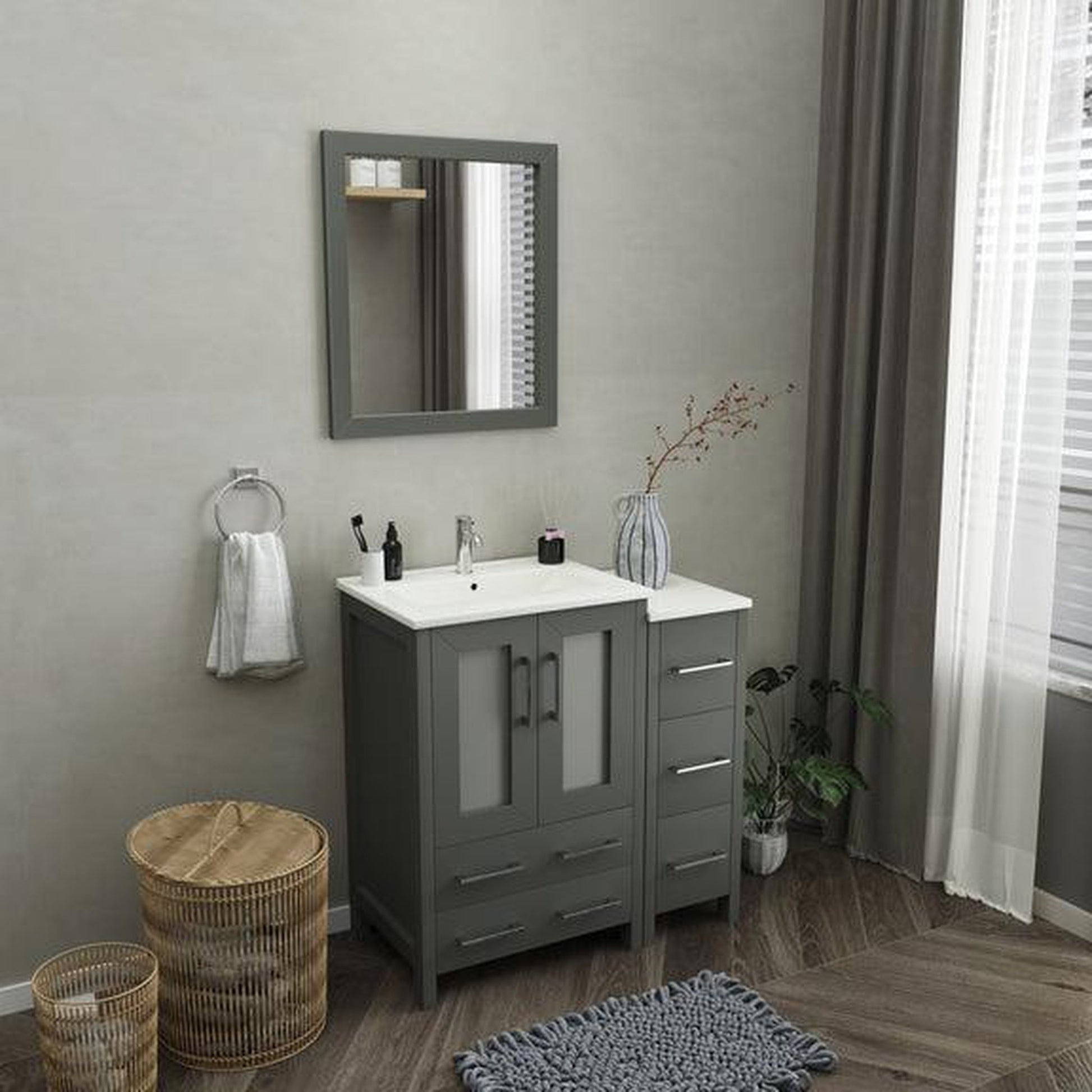 Vanity Art Brescia 36" Single Gray Freestanding Modern Bathroom Vanity Set With Integrated Ceramic Sink, 1 Shelf, 1 Side Cabinet and Mirror