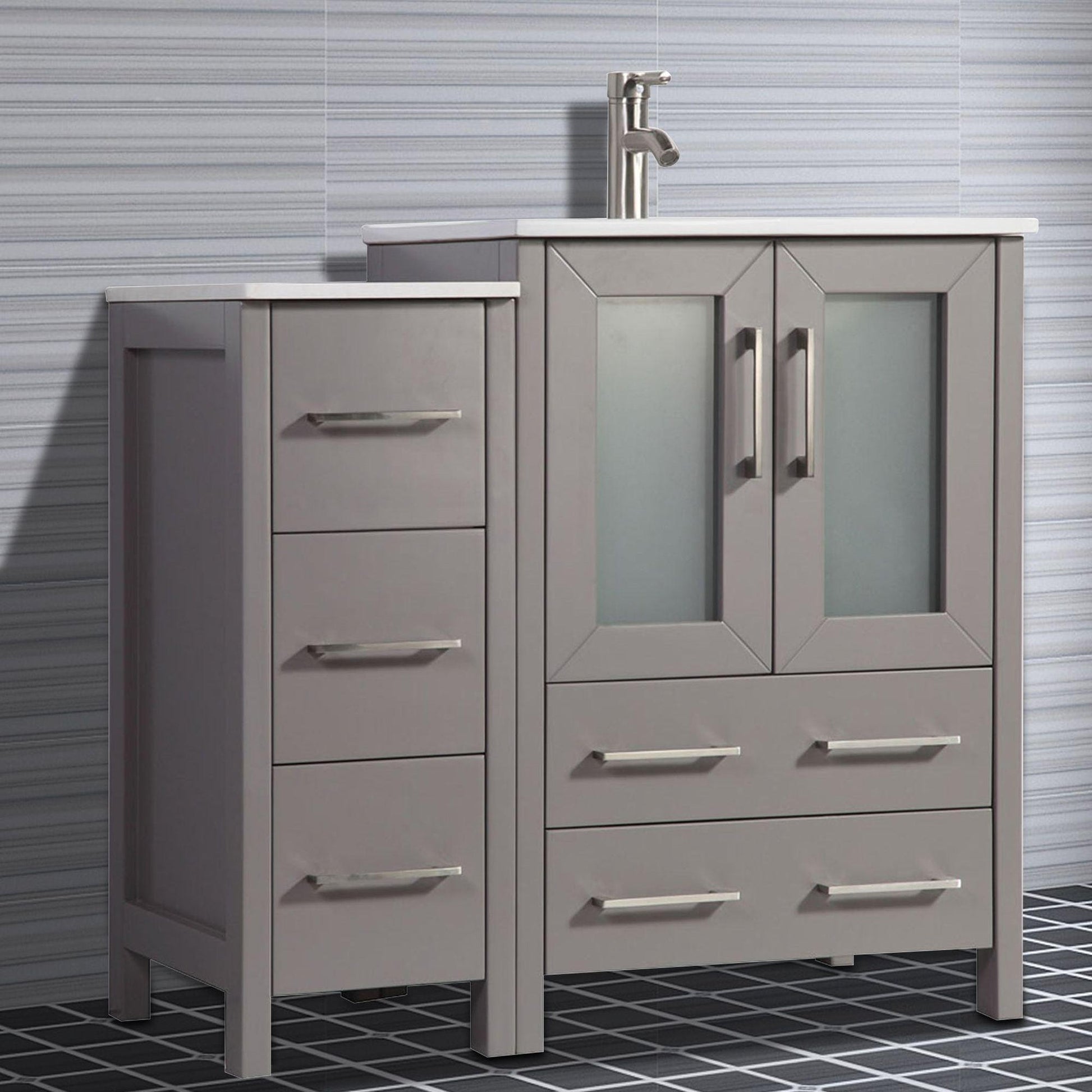 Vanity Art Brescia 36" Single Gray Freestanding Modern Bathroom Vanity Set With Integrated Ceramic Sink, 1 Shelf, 1 Side Cabinet and Mirror