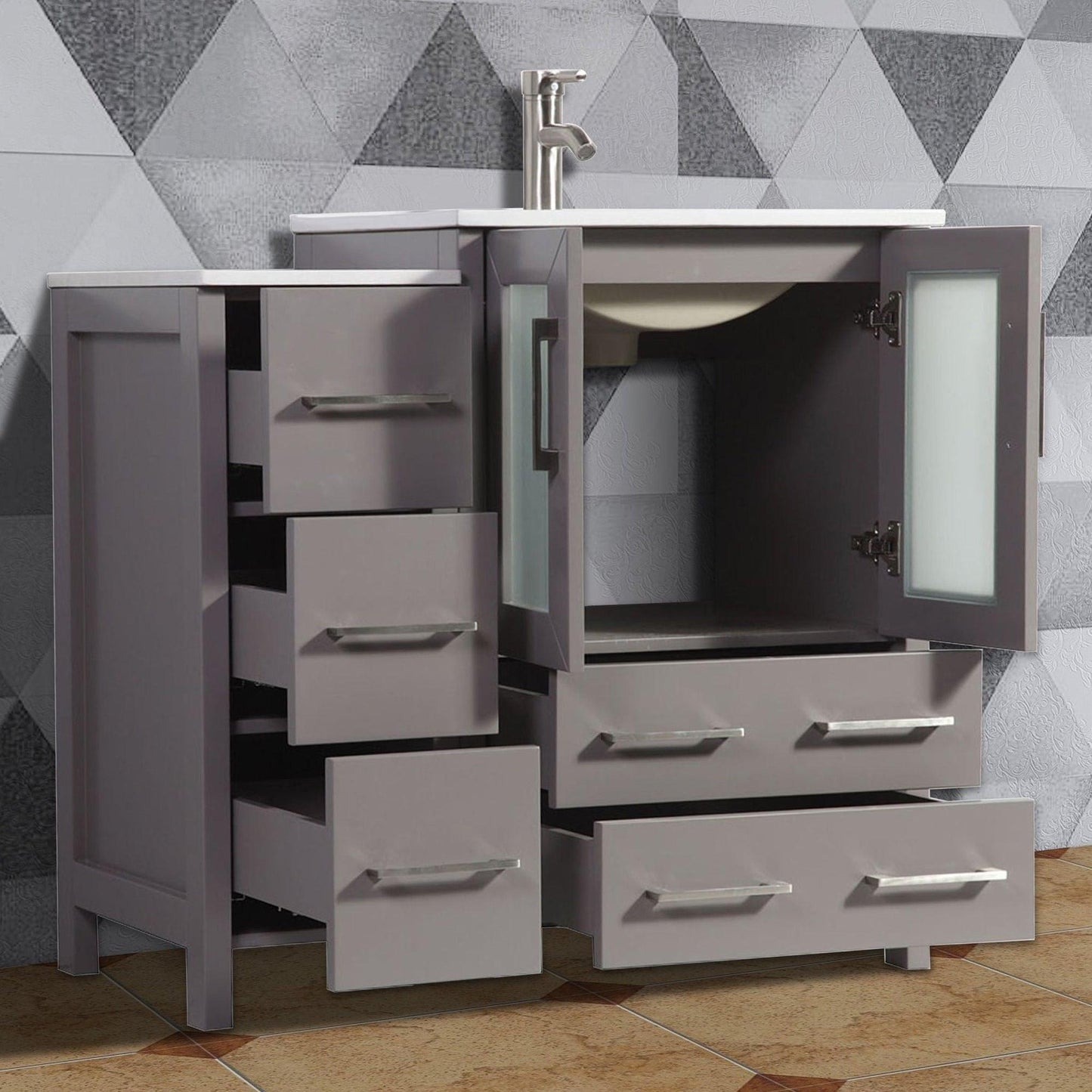 Vanity Art Brescia 36" Single Gray Freestanding Modern Bathroom Vanity Set With Integrated Ceramic Sink, 1 Shelf, 1 Side Cabinet and Mirror