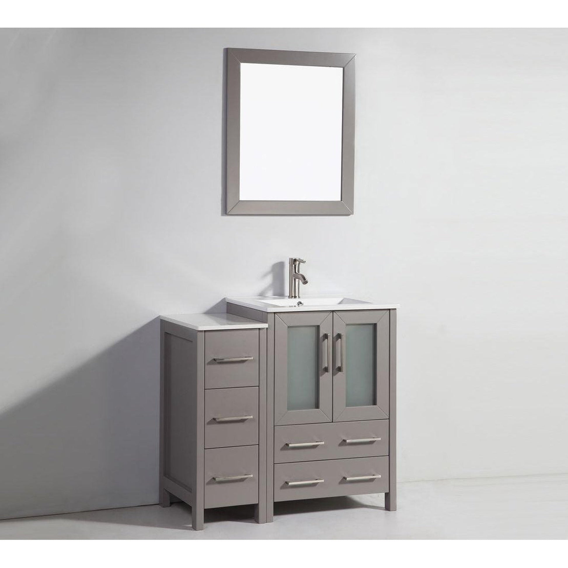 Vanity Art Brescia 36" Single Gray Freestanding Modern Bathroom Vanity Set With Integrated Ceramic Sink, 1 Shelf, 1 Side Cabinet and Mirror