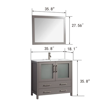 Vanity Art Brescia 36" Single Gray Freestanding Modern Bathroom Vanity Set With Integrated Ceramic Sink, 1 Shelf, 2 Drawers and Mirror