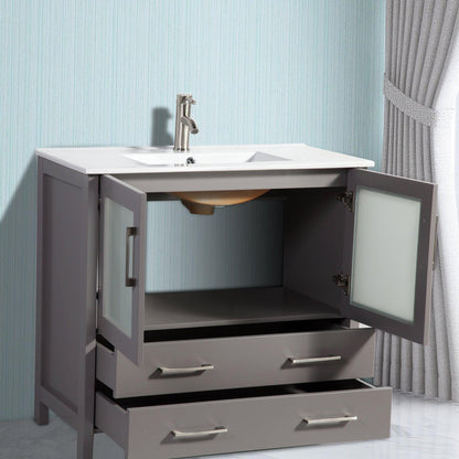 Vanity Art Brescia 36" Single Gray Freestanding Modern Bathroom Vanity Set With Integrated Ceramic Sink, 1 Shelf, 2 Drawers and Mirror