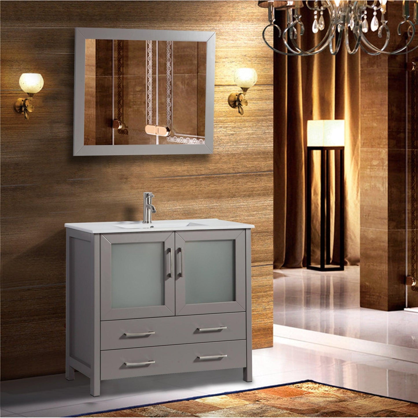 Vanity Art Brescia 36" Single Gray Freestanding Modern Bathroom Vanity Set With Integrated Ceramic Sink, 1 Shelf, 2 Drawers and Mirror