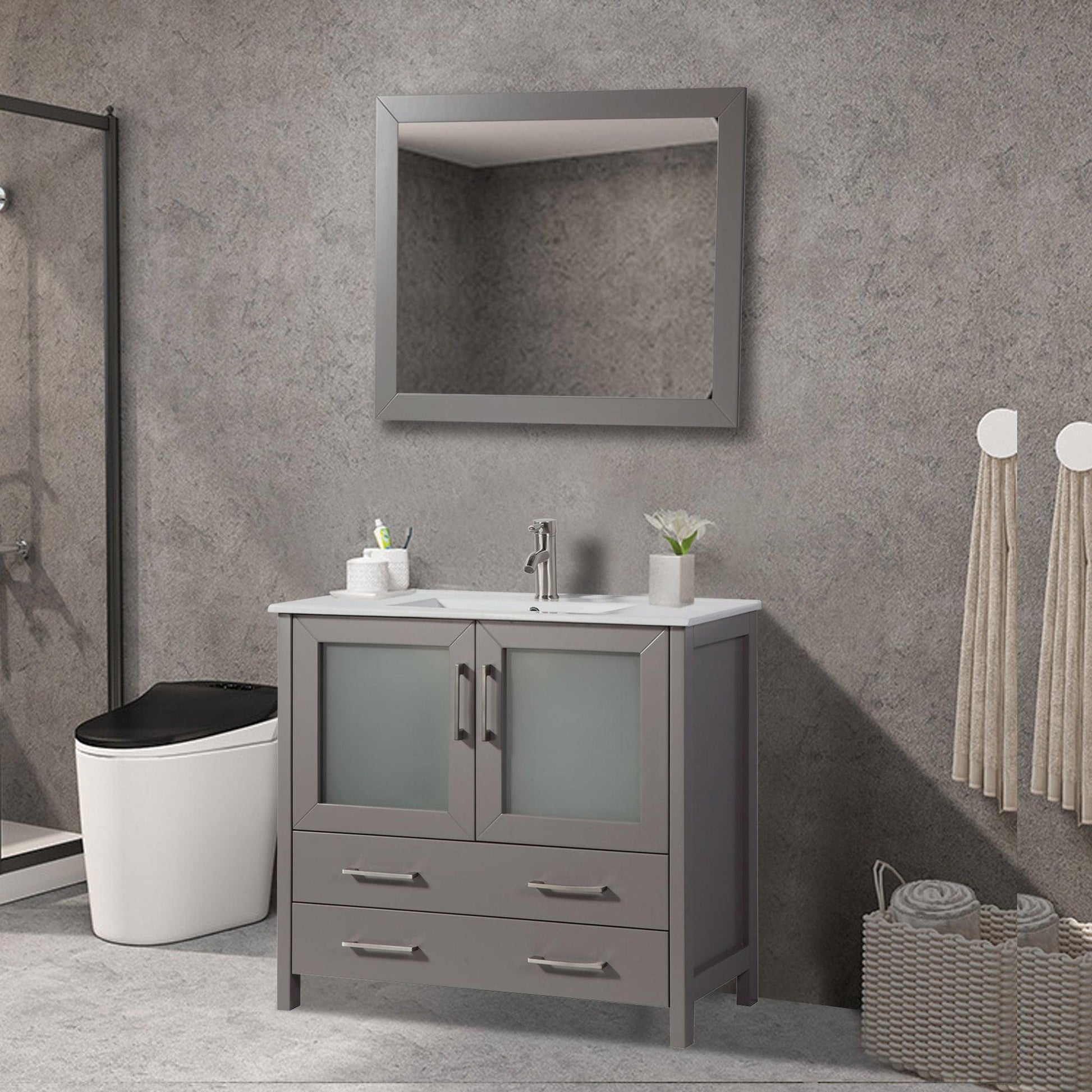 Vanity Art Brescia 36" Single Gray Freestanding Modern Bathroom Vanity Set With Integrated Ceramic Sink, 1 Shelf, 2 Drawers and Mirror