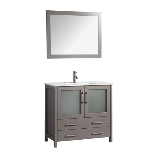 Vanity Art Brescia 36" Single Gray Freestanding Modern Bathroom Vanity Set With Integrated Ceramic Sink, 1 Shelf, 2 Drawers and Mirror