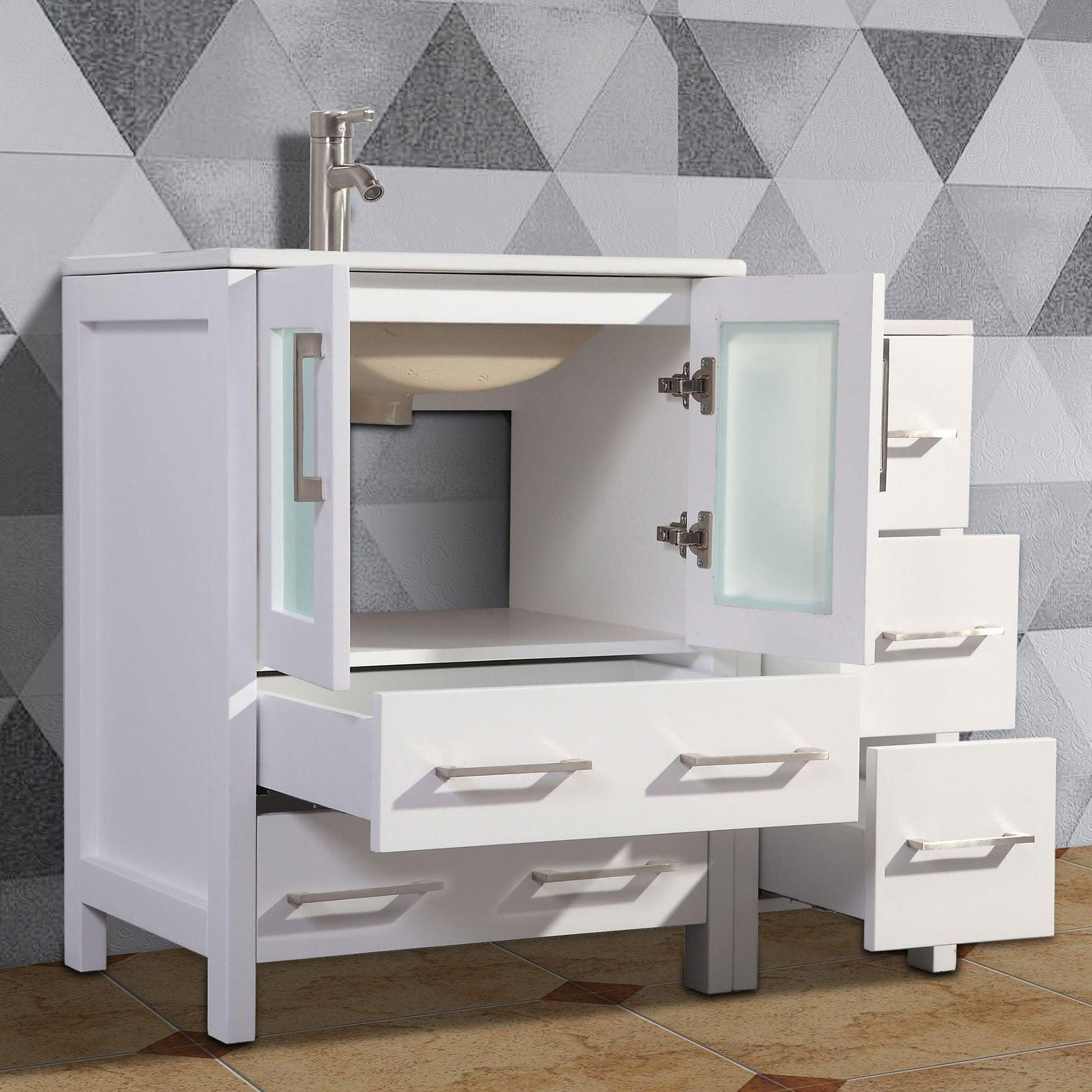 Vanity Art Brescia 36" Single White Freestanding Modern Bathroom Vanity Set With Integrated Ceramic Sink, 1 Shelf, 1 Side Cabinet and Mirror