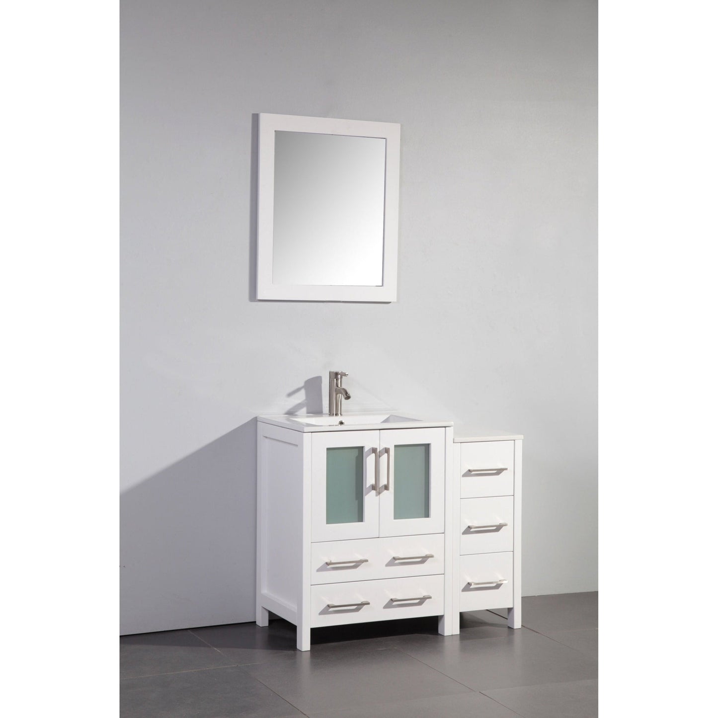 Vanity Art Brescia 36" Single White Freestanding Modern Bathroom Vanity Set With Integrated Ceramic Sink, 1 Shelf, 1 Side Cabinet and Mirror