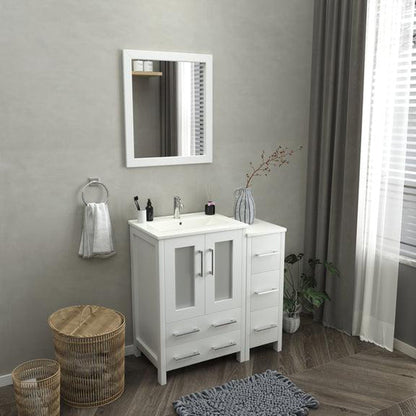 Vanity Art Brescia 36" Single White Freestanding Modern Bathroom Vanity Set With Integrated Ceramic Sink, 1 Shelf, 1 Side Cabinet and Mirror