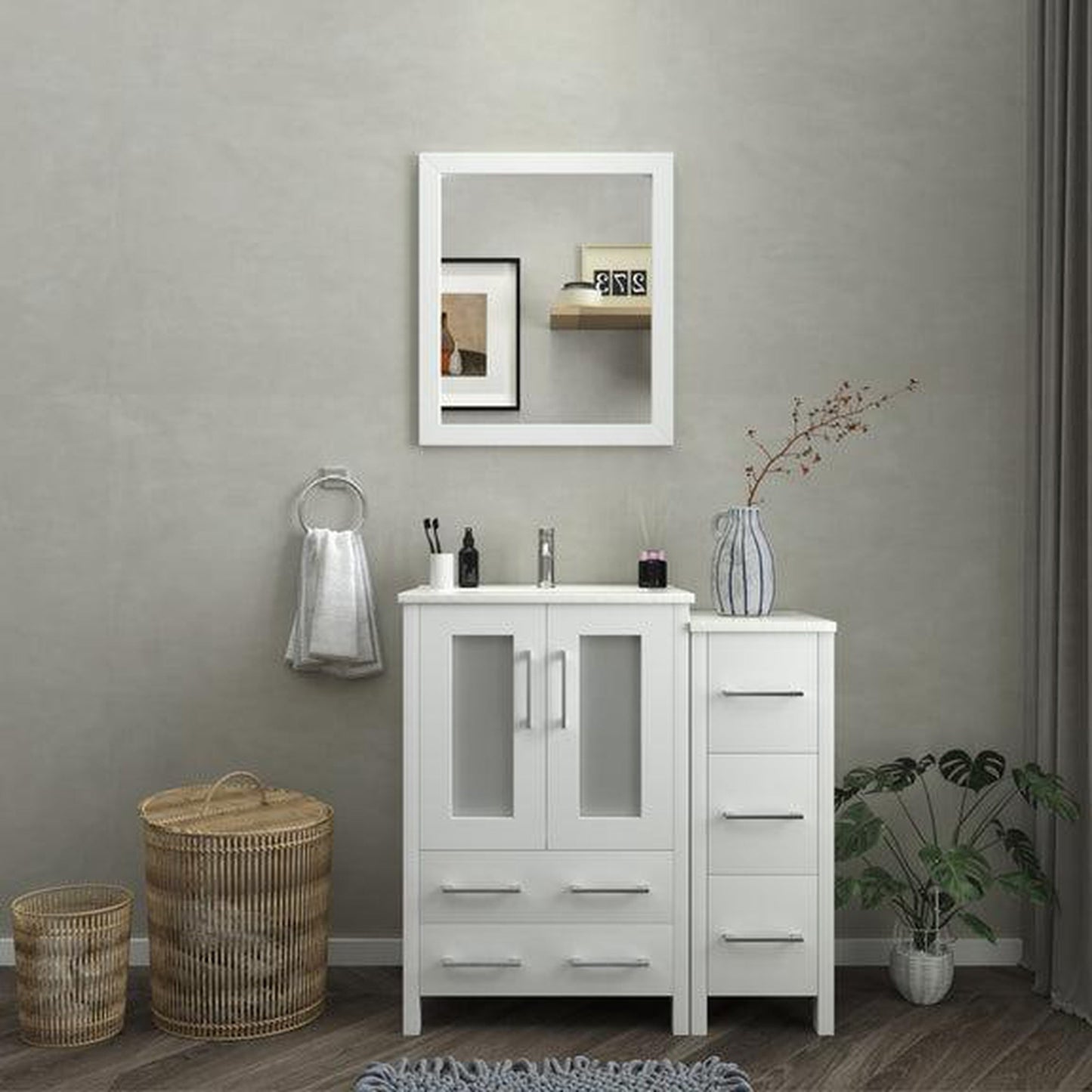 Vanity Art Brescia 36" Single White Freestanding Modern Bathroom Vanity Set With Integrated Ceramic Sink, 1 Shelf, 1 Side Cabinet and Mirror