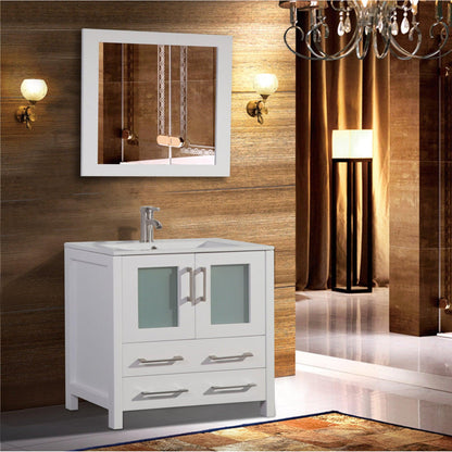 Vanity Art Brescia 36" Single White Freestanding Modern Bathroom Vanity Set With Integrated Ceramic Sink, 1 Shelf, 2 Drawers and Mirror