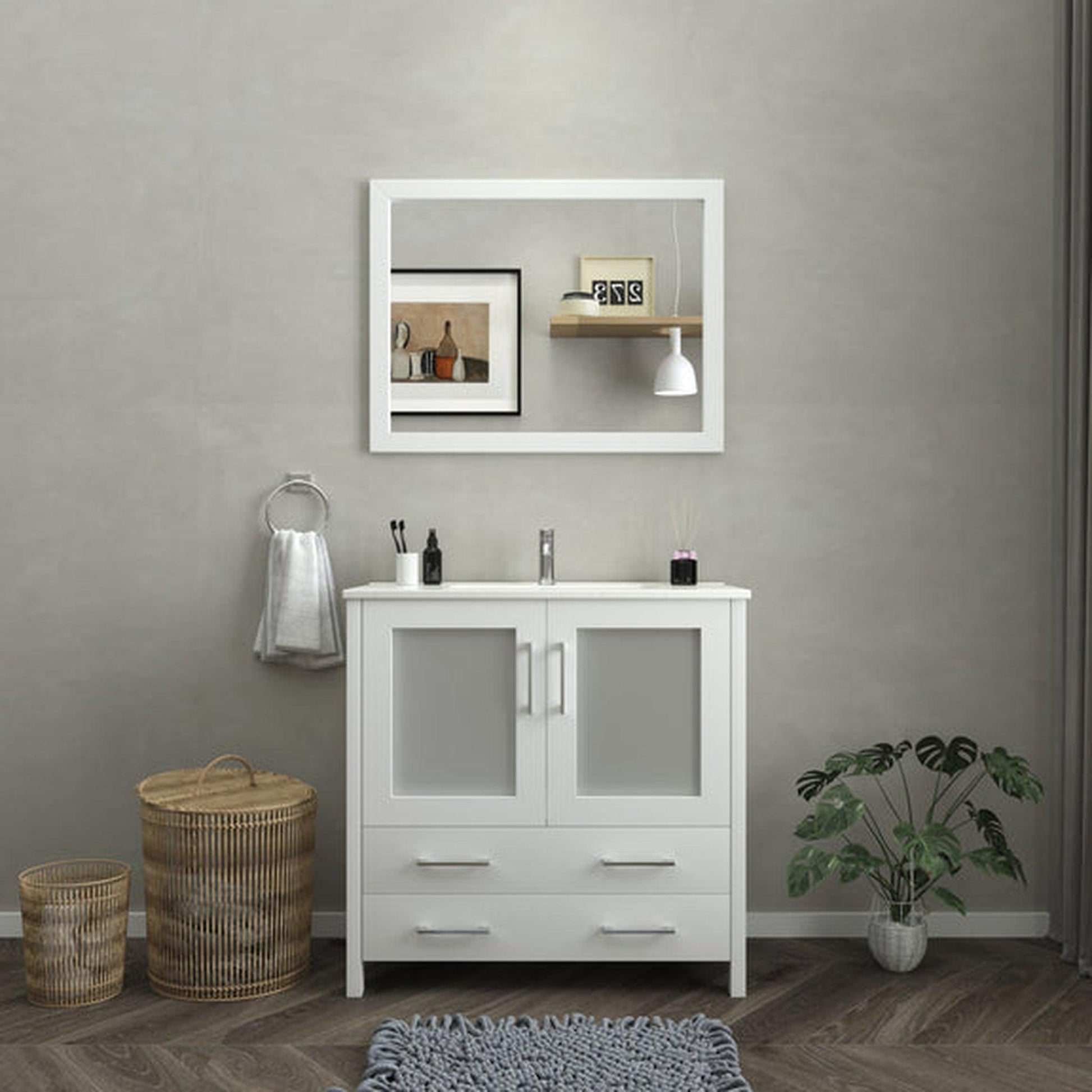 Vanity Art Brescia 36" Single White Freestanding Modern Bathroom Vanity Set With Integrated Ceramic Sink, 1 Shelf, 2 Drawers and Mirror