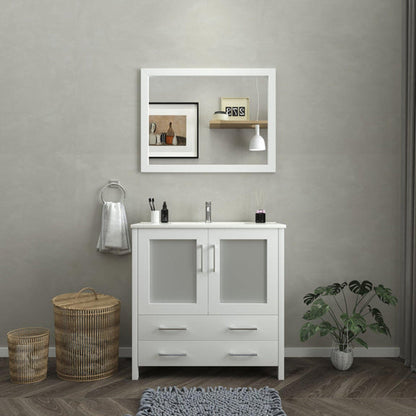 Vanity Art Brescia 36" Single White Freestanding Modern Bathroom Vanity Set With Integrated Ceramic Sink, 1 Shelf, 2 Drawers and Mirror