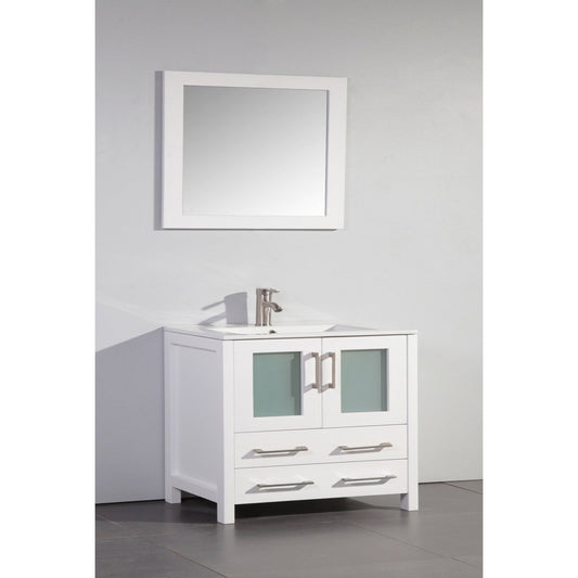 Vanity Art Brescia 36" Single White Freestanding Modern Bathroom Vanity Set With Integrated Ceramic Sink, 1 Shelf, 2 Drawers and Mirror