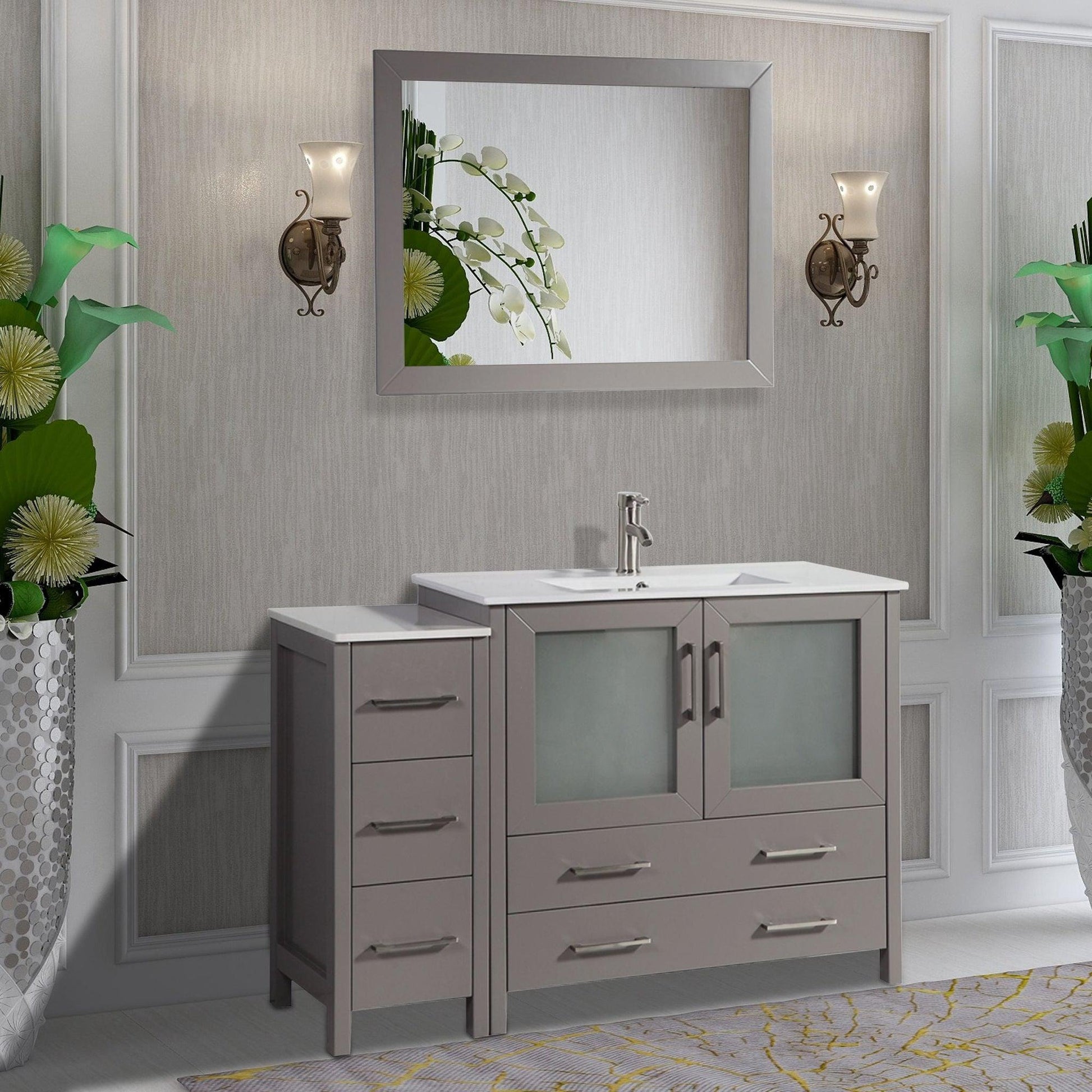 Vanity Art Brescia 48" Single Gray Freestanding Modern Bathroom Vanity Set With Integrated Ceramic Sink, 1 Side Cabinet and Mirror