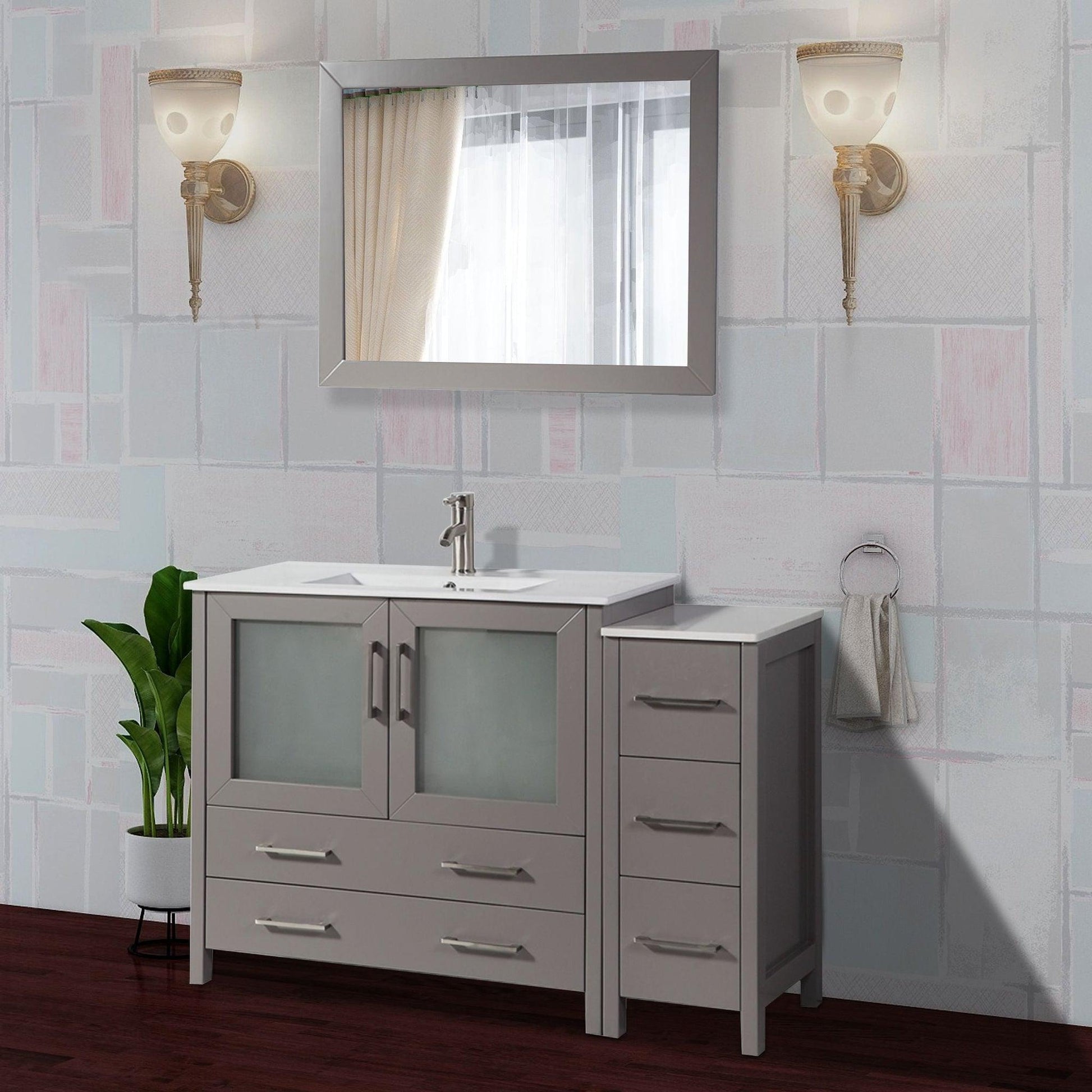 Vanity Art Brescia 48" Single Gray Freestanding Modern Bathroom Vanity Set With Integrated Ceramic Sink, 1 Side Cabinet and Mirror