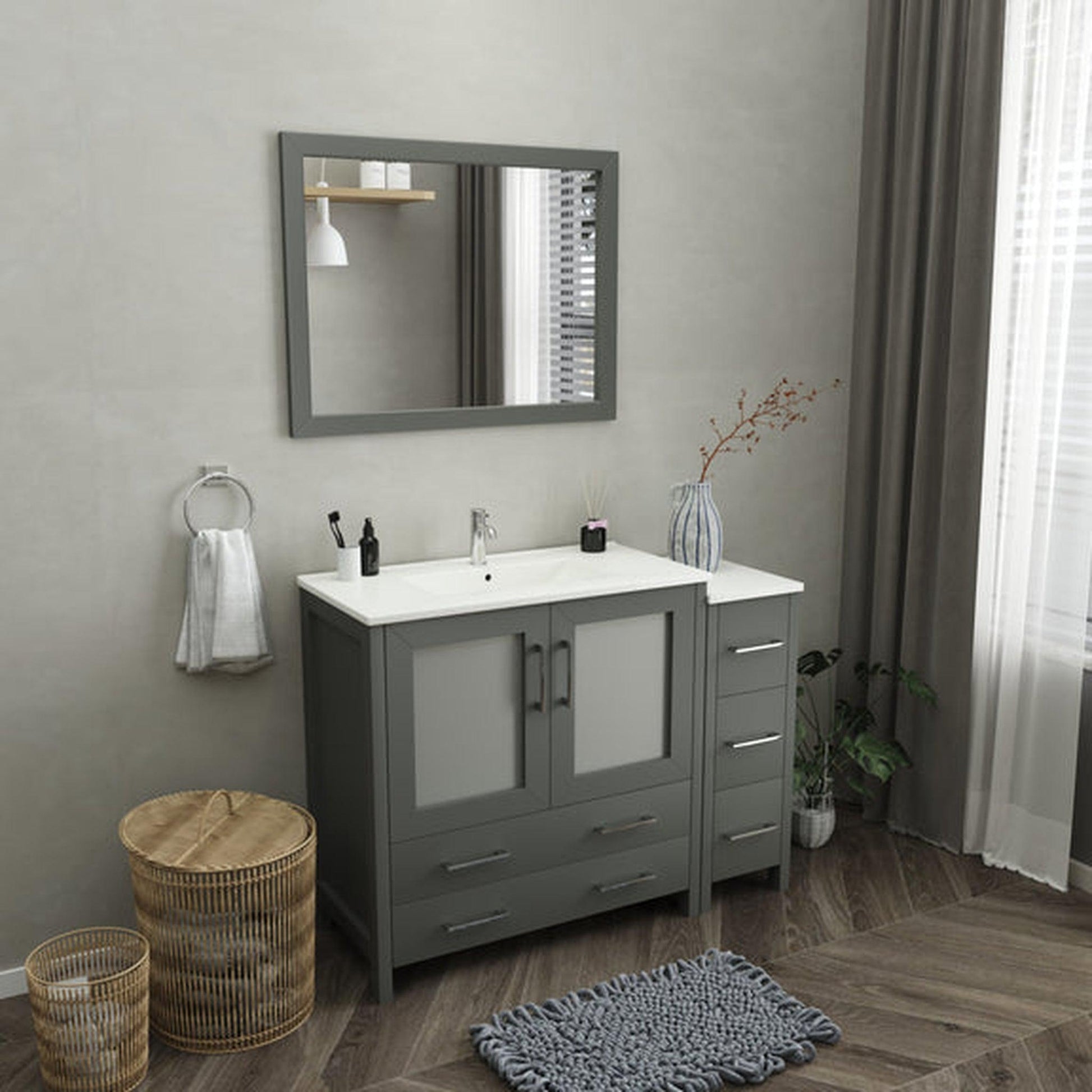 Vanity Art Brescia 48" Single Gray Freestanding Modern Bathroom Vanity Set With Integrated Ceramic Sink, 1 Side Cabinet and Mirror