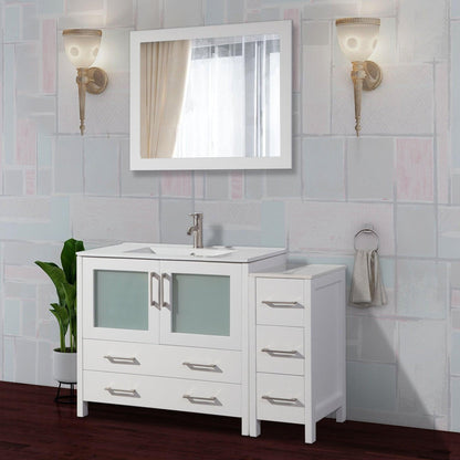 Vanity Art Brescia 48" Single White Freestanding Modern Bathroom Vanity Set With Integrated Ceramic Sink, 1 Side Cabinet and Mirror