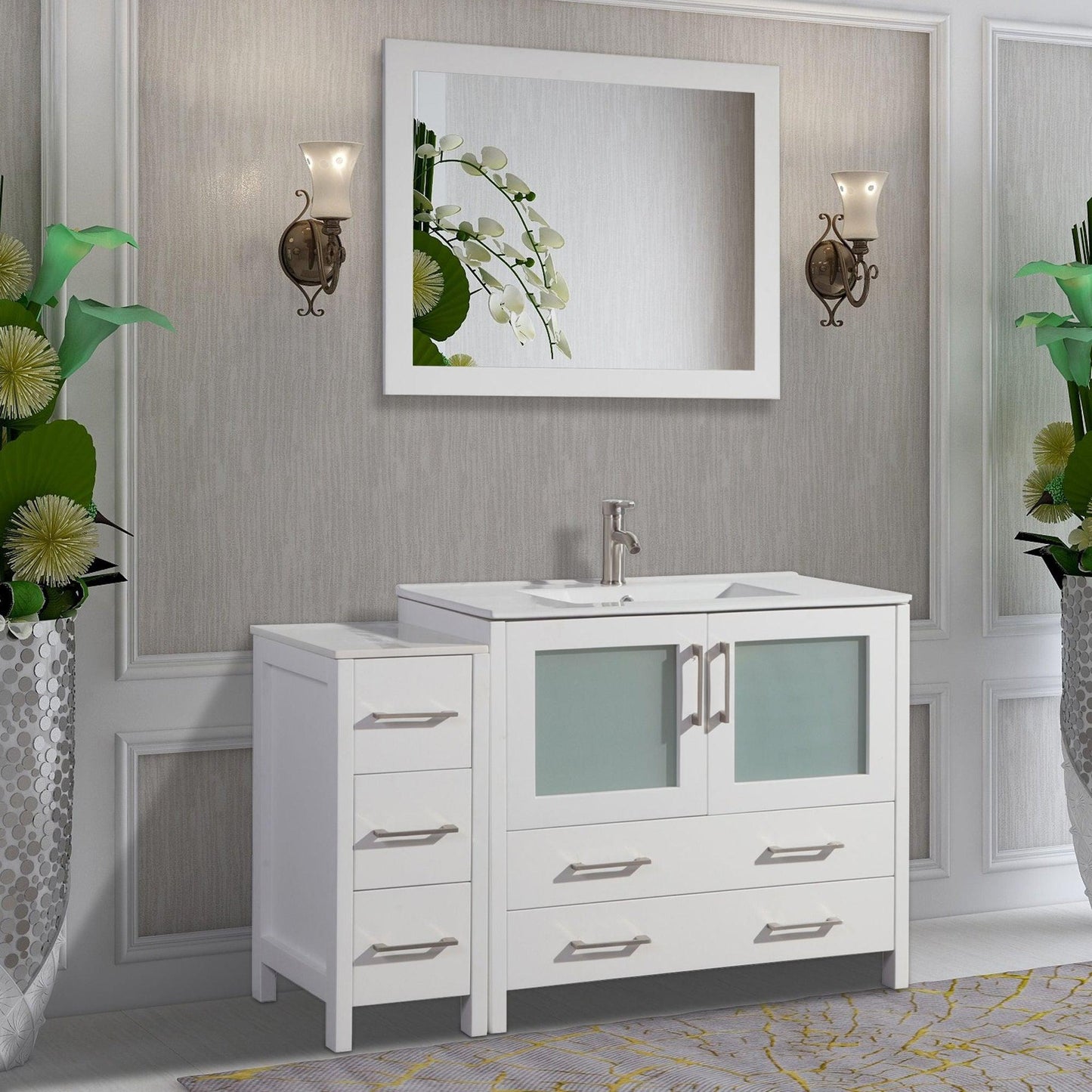 Vanity Art Brescia 48" Single White Freestanding Modern Bathroom Vanity Set With Integrated Ceramic Sink, 1 Side Cabinet and Mirror