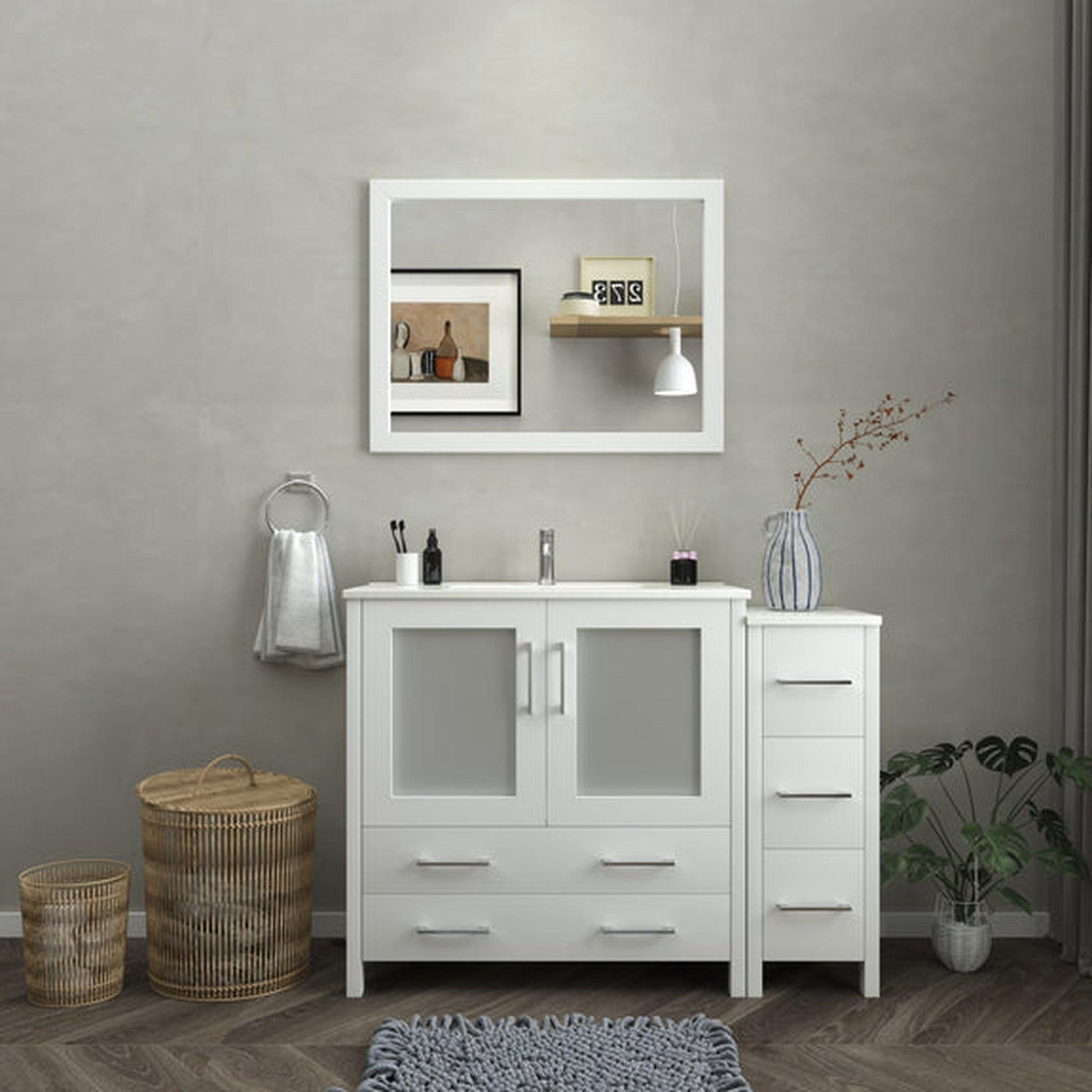 Vanity Art Brescia 48" Single White Freestanding Modern Bathroom Vanity Set With Integrated Ceramic Sink, 1 Side Cabinet and Mirror