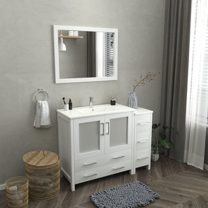 Vanity Art Brescia 48" Single White Freestanding Modern Bathroom Vanity Set With Integrated Ceramic Sink, 1 Side Cabinet and Mirror