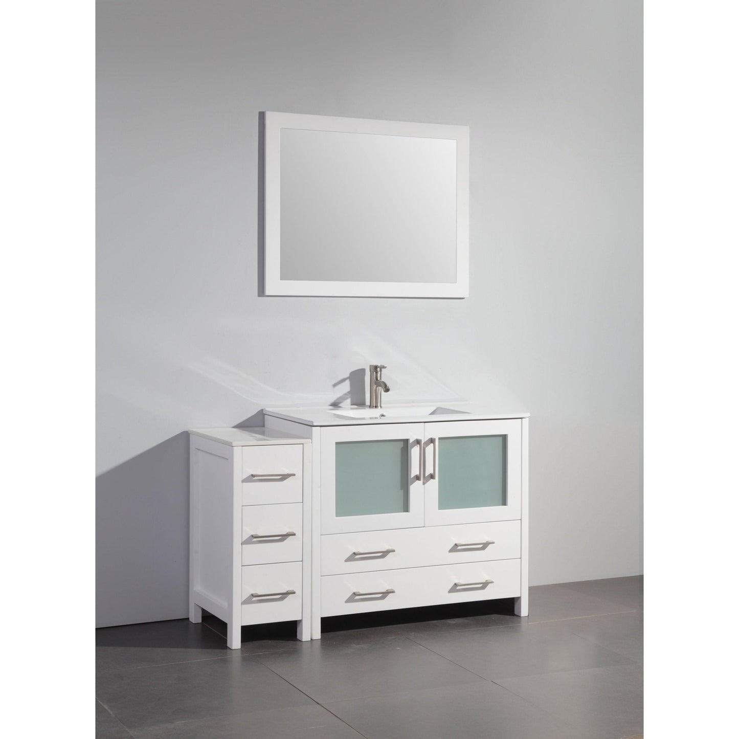 Vanity Art Brescia 48" Single White Freestanding Modern Bathroom Vanity Set With Integrated Ceramic Sink, 1 Side Cabinet and Mirror