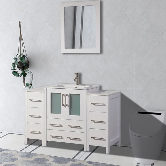 Vanity Art Brescia 48" Single White Freestanding Modern Bathroom Vanity Set With Integrated Ceramic Sink, 2 Side Cabinet and Mirror
