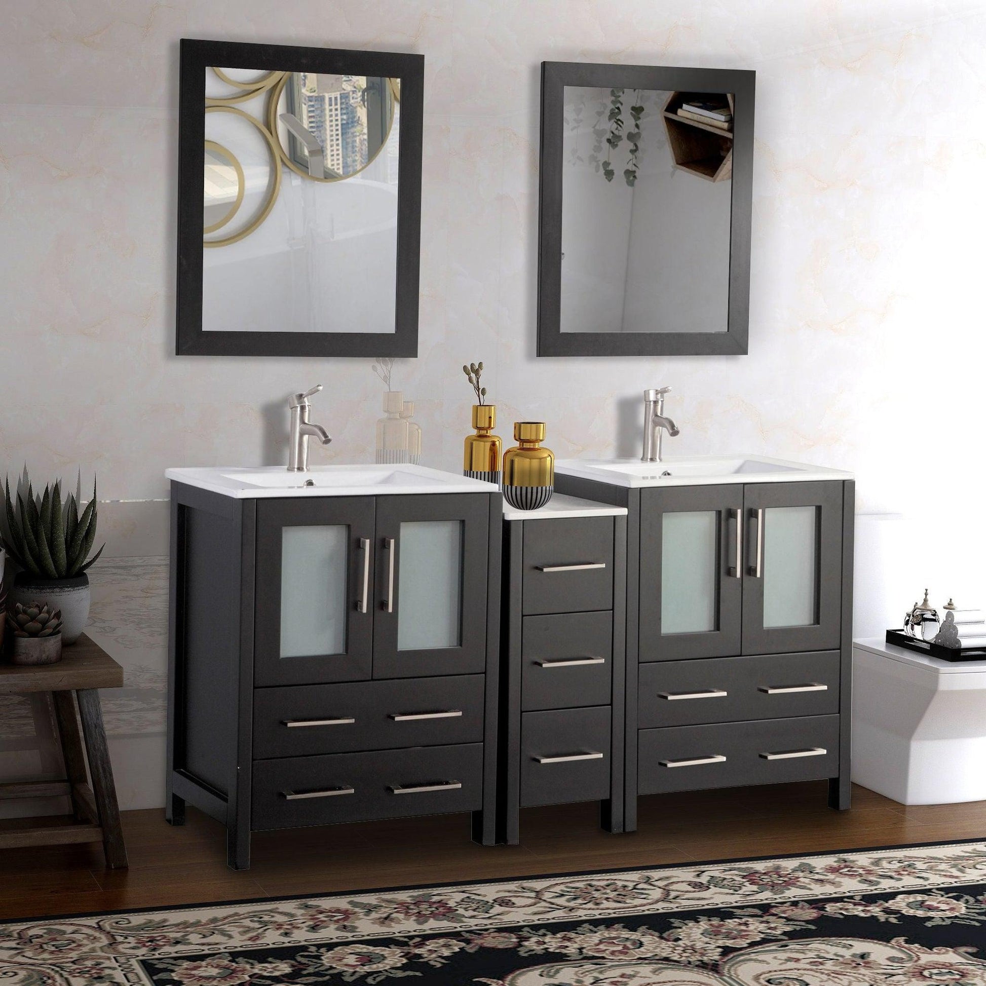 Vanity Art Brescia 60" Double Espresso Freestanding Vanity Set With Integrated Ceramic Sink, 1 Side Cabinet and 2 Mirrors