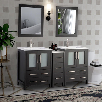 Vanity Art Brescia 60" Double Espresso Freestanding Vanity Set With Integrated Ceramic Sink, 1 Side Cabinet and 2 Mirrors