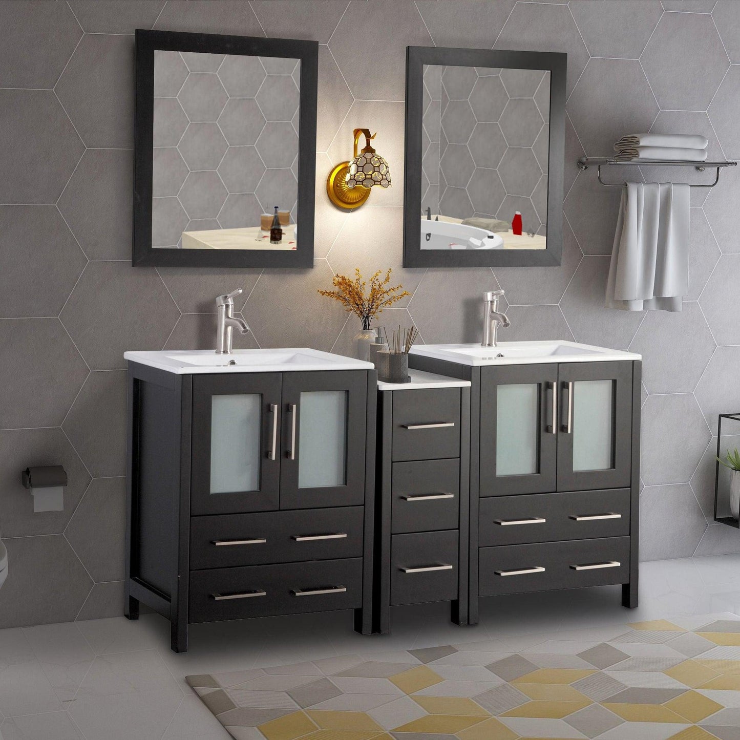 Vanity Art Brescia 60" Double Espresso Freestanding Vanity Set With Integrated Ceramic Sink, 1 Side Cabinet and 2 Mirrors