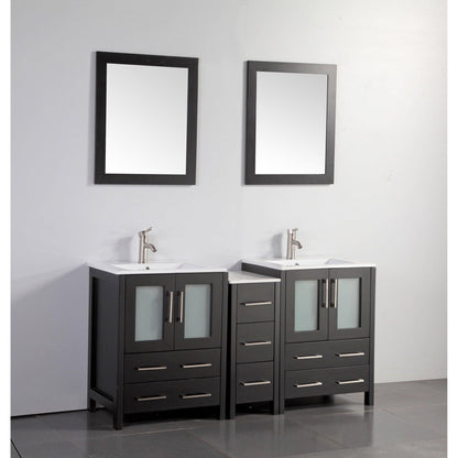 Vanity Art Brescia 60" Double Espresso Freestanding Vanity Set With Integrated Ceramic Sink, 1 Side Cabinet and 2 Mirrors